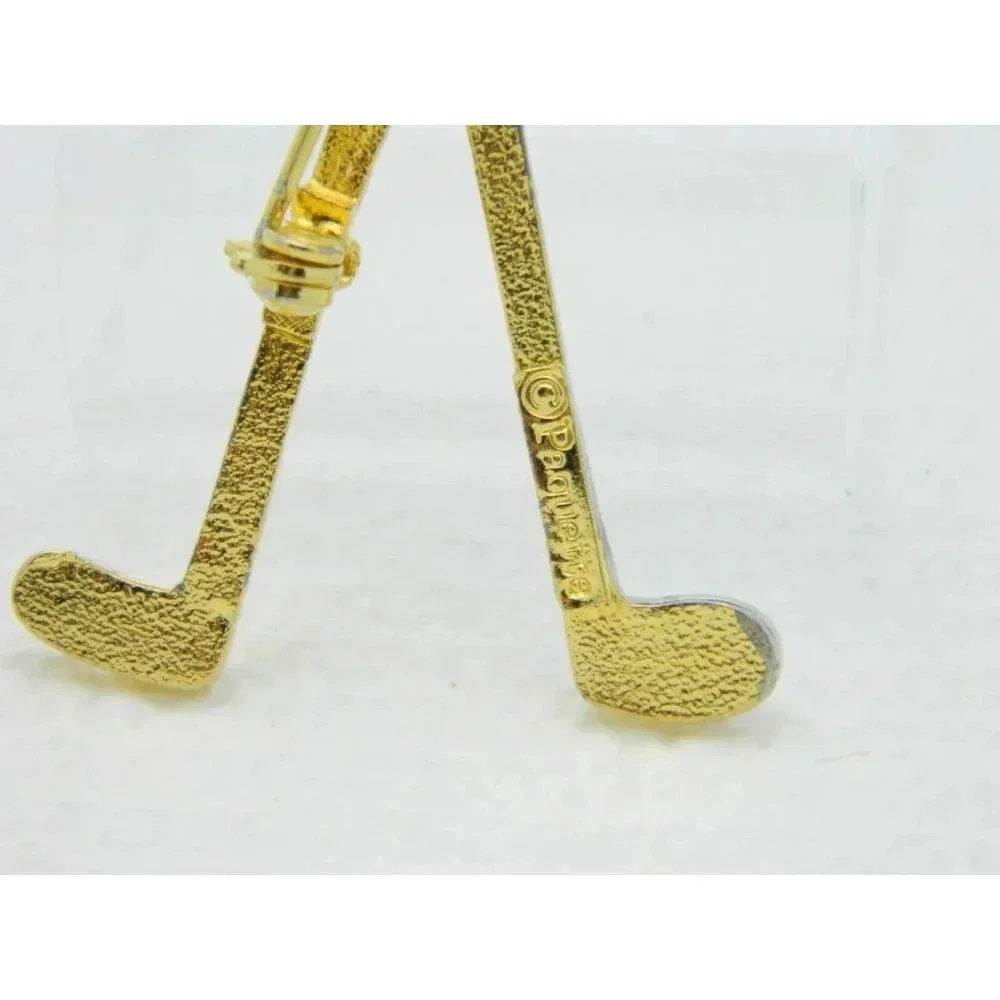 Vintage PAQUETTE Gold & Silver Tone Metal Golf Clubs Clear Rhinestone Pin Brooch